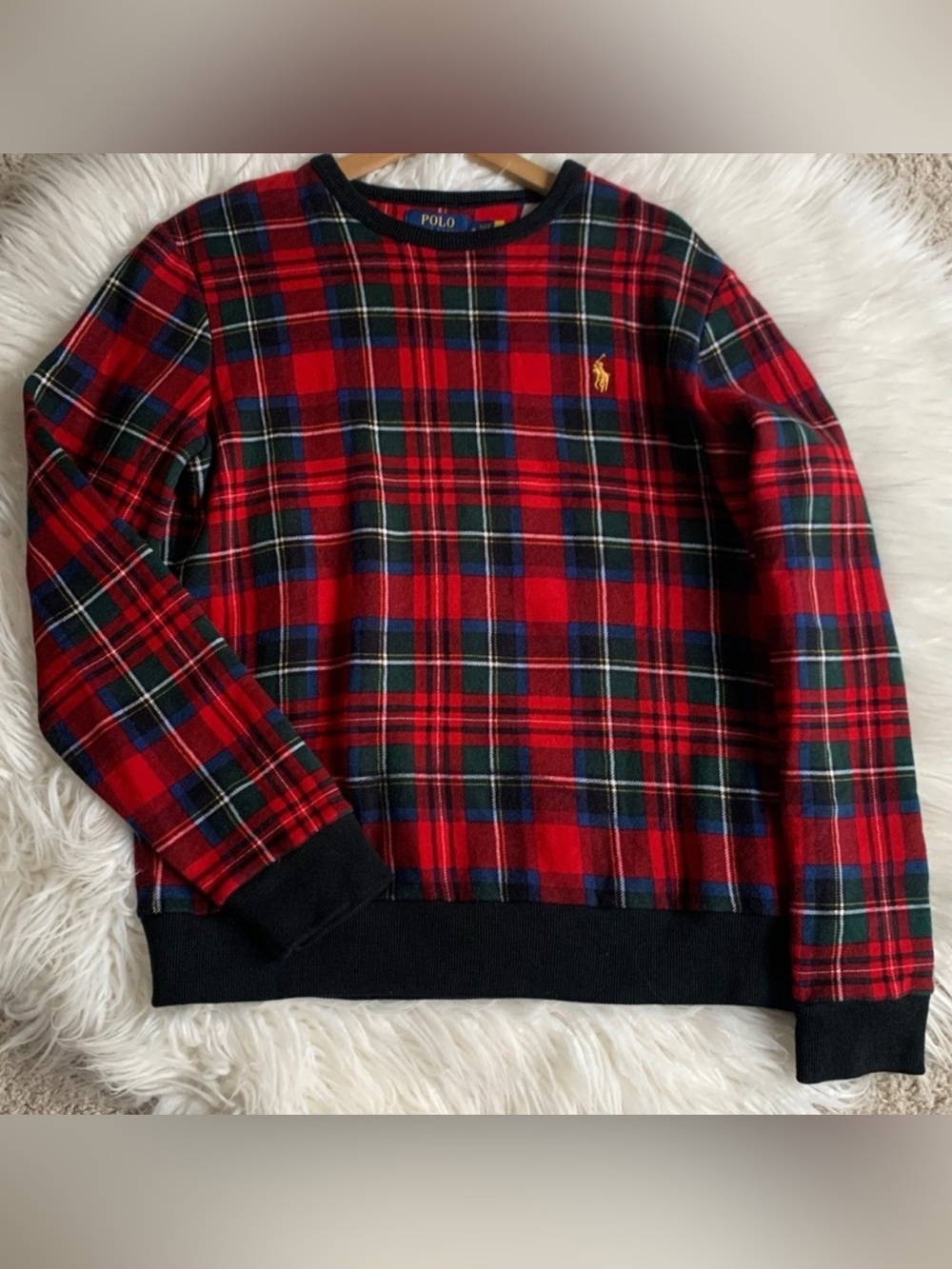 Polo Ralph Lauren Buffalo Check Plaid Crewneck Sweater Red Multicolor Size M
